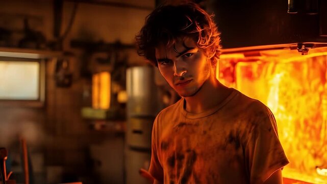 Young man working in kitchen with flames and passion, showcasing intensity under warm light in a busy culinary environment