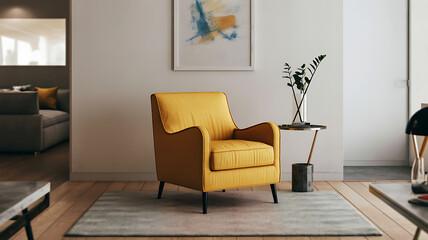 Cozy yellow armchair in a modern, bright living room with minimalist decor and natural light.