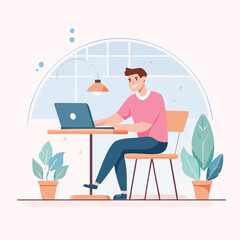 Freelancer Working on Laptop at Home Office Vector Illustration