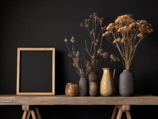 A wooden picture frame, styled with dried flowers and rustic pottery, sits on a weathered wooden table against a dark background.