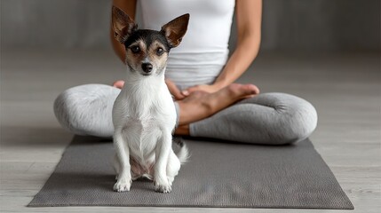 Small attentive dog sitting on yoga mat in front of owner meditating cross-legged, peaceful moment blending mindfulness with pet companionship