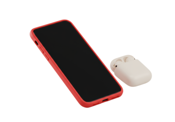 A sleek modern smartphone in a vibrant red matte case with a blank black screen, angled 45 degrees, next to an off-white earbud case on a transparent background, concept of technology and minimalist