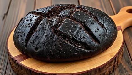 Dark, glossy gluten-free black rice sourdough bread loaf on rustic wooden board , photography, home baking