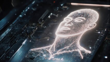 A glowing, digital human head superimposed on a complex, metallic surface.  Atop a grid of  machinery