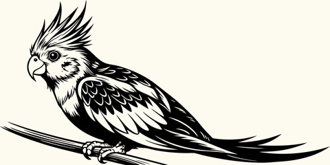 Ultra-realistic digital painting of a cockatiel bird perched on a branch. Fine feather details with soft gray plumage, bright yellow face, and orange cheek patches. Natural sunlight highlights the tex