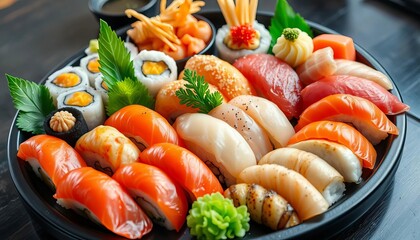Elegant assortment of Japanese cuisine, including sushi, tempura, and sashimi,  close up,  art