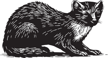 Detailed illustration of a black and white woodcut style drawing of a wild animal sitting alertly