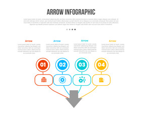 Arrow base shape infographics template diagram with big circle and round rectangle with arrow bottom direction with 4 point step creative simple flat outline