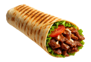 Grilled doner kebab wrap filled with sliced meat, lettuce, tomato, and sauce.