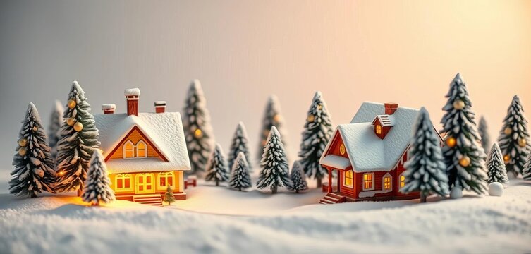 Miniature snowy village, festive house, trees, golden ornaments, light background,  house,  winter