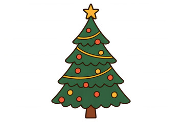 Christmas tree illustration, decorated with colorful balls and a yellow star, symbolizing holiday cheer and winter celebrations