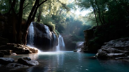 Fototapeta premium A serene waterfall framed by vibrant green foliage with soft sunlight filtering through trees, creating a tranquil and refreshing natural landscape, ideal for backgrounds or travel content.