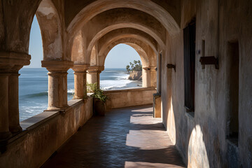 a hallway with arches and a view of the ocean