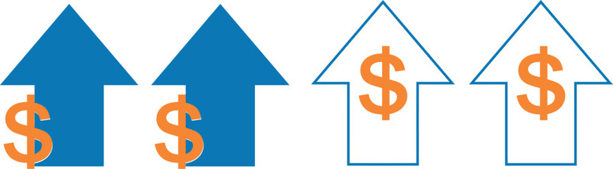 A set of four blue upward arrows with orange dollar signs, representing financial growth, market success, profit increase, and a positive economic outlook.

