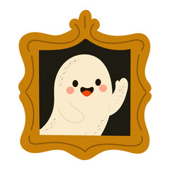 Halloween ghost in vintage picture frame waving hand — cute cartoon vector illustration with smiling spooky character, ornate golden frame, funny ghost clipart for Halloween party invitations.