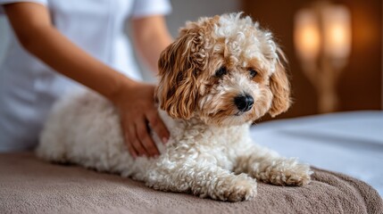 Fluffy poodle mix dog receiving gentle massage on bed, heartwarming wellness scene capturing relaxation, care, and affectionate pet companionship