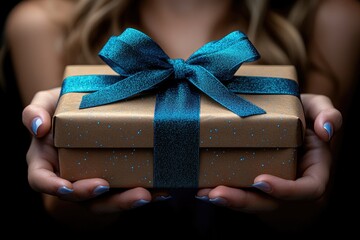Woman holding a craft gift box tied with shimmery blue ribbon and bow. Use this present image for themes like love, celebrations, and appreciation.