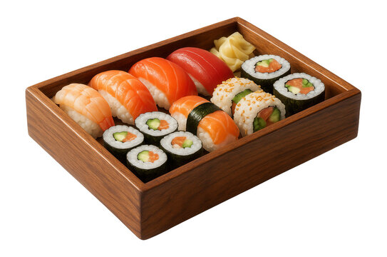 Assorted sushi set with nigiri, maki, and rolls in a wooden bento box.