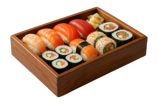 Assorted sushi set with nigiri, maki, and rolls in a wooden bento box.