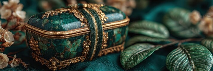 Elegant vintage jewelry box surrounded by dried flowers and greenery for a rich, artistic presentation