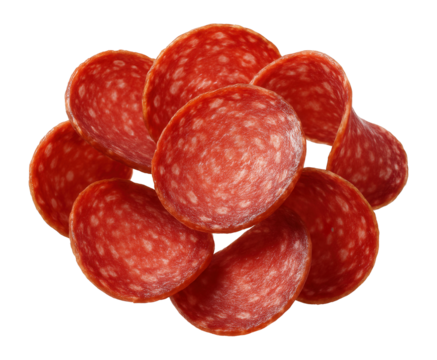 Thin slices of cured salami on a white background.