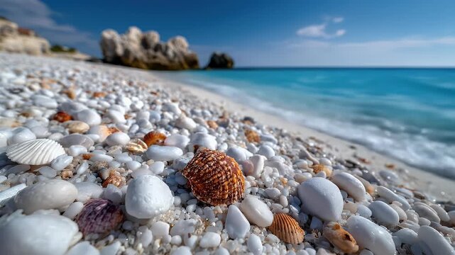 Close-up of white stones and shells on a beach