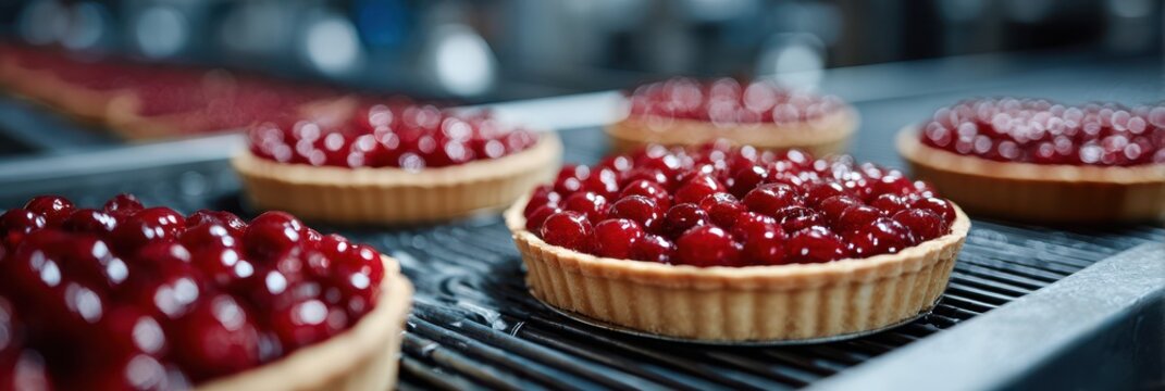 Fresh cherry tarts cooling on racks in a bakery during the morning hours