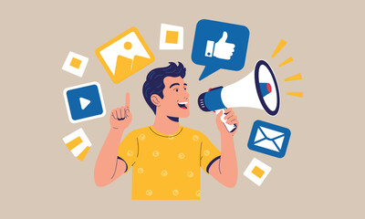 A flat vector cartoon illustration of business people and a worker with a megaphone is a concept symbol for sharing an idea