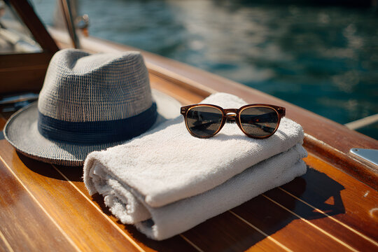a hat  sunglasses and towel on a boat - Powered by Adobe