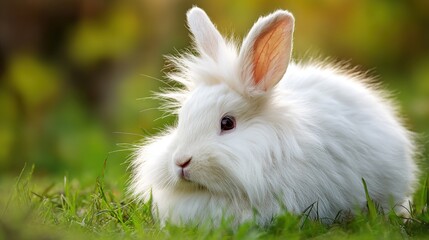 Obraz premium Close-up of fluffy white rabbit resting on spring meadow, shallow depth of field with blurred green grass background, soft natural lighting from side --ar 16:9 --v 7.0 --style raw --c 20 --s 20