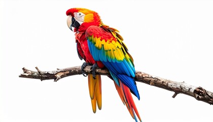 Fototapeta premium A parrot perched on a branch bright colorful feathers photorealistic realism white background with clean lighting 
