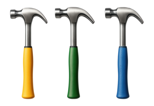 Claw hammers with yellow, green, and blue grips on white background.