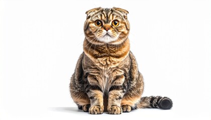 A Scottish fold cat sitting with folded ears photorealistic detail white background with natural highlights
