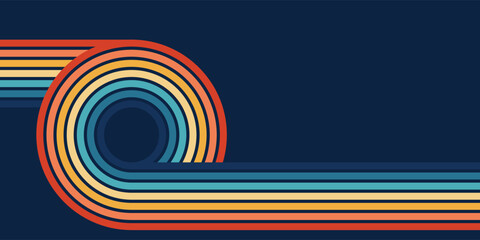 Colorful 70s retro vector background with rainbow wavy lines. Vintage psychedelic wallpaper in hippie style. Abstract groovy pattern for posters, textile, wrap and wall art