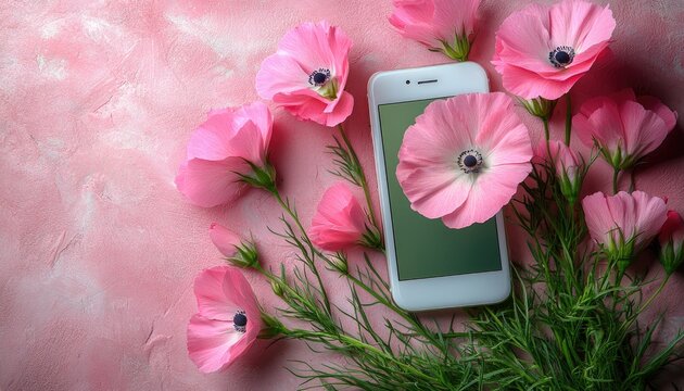 Elegant anemones frame a white smartphone on textured pink surface. Use this phone mockup in your spring themed advertising campaigns.