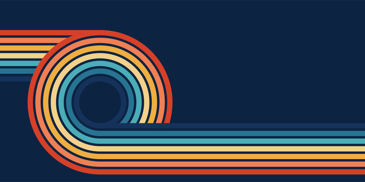 Colorful 70s retro vector background with rainbow wavy lines. Vintage psychedelic wallpaper in hippie style. Abstract groovy pattern for posters, textile, wrap and wall art