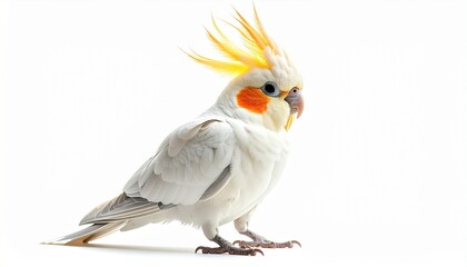 Obraz premium A cockatiel bird standing with crest raised photorealistic feather detail white background with smooth highlights 