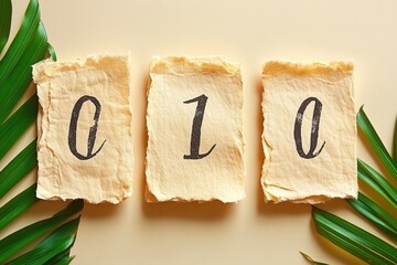 Three textured paper cards with numbers and leaves are on beige. Use it for invitations, posts, or any digital design work needed.