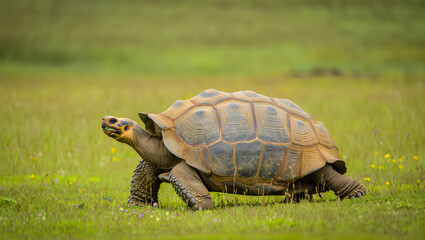 photograph of a Galapagos tortoise slowly walking across a natural grassland in soft daylight