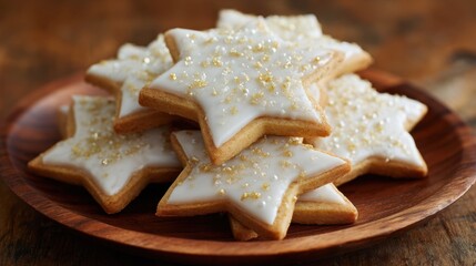 Festive Star-Shaped Cookies with Icing and Sugar Topping on Plate