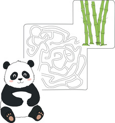 Cute panda character sitting beside a bamboo maze illustration.  A children's maze. 