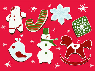 Set of Homemade Christmas cookies, gingerbread with sugar icing.  The gingerbread man, snowman, snowflake, baby gurney horse, present. Stokers.