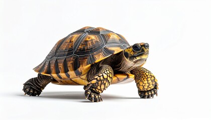 Obraz premium A turtle crawling slowly with detailed shell photorealistic texture white background with clean lighting 
