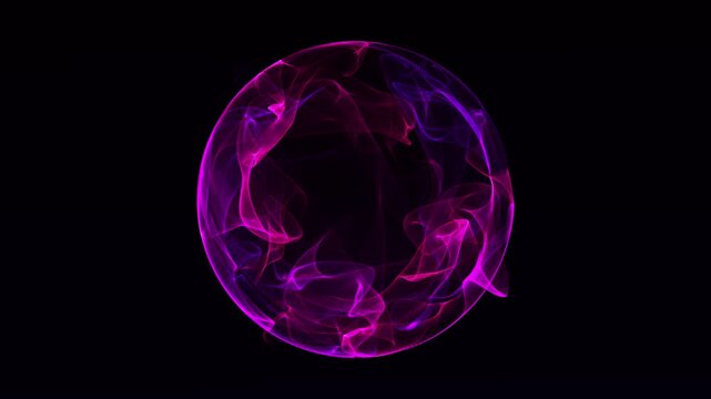 A glowing abstract neon purple sphere made of energy light waves, floating in dark space. Smooth flowing plasma lines in futuristic style. Ideal for tech design.
