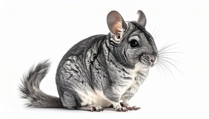 A chinchilla sitting upright with fluffy gray fur photorealistic realism white background with soft highlights
