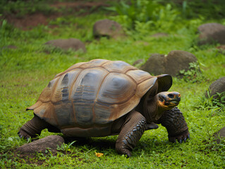Obraz premium wide shot of a Galapagos tortoise moving in its natural tropical habitat surrounded by grass and scattered rocks.