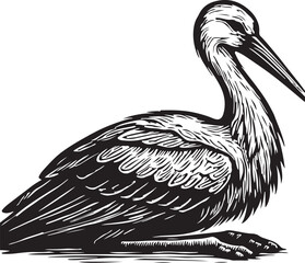 Detailed black and white illustration of a stork bird sitting peacefully with its head turned to the side