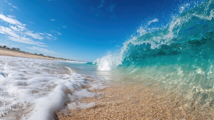 Clear Turquoise Wave Crashing on Sandy Shore Under Bright Blue Sky