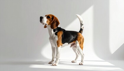 A beagle dog standing with tail up photorealistic texture white background with subtle shadows

