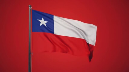 Ultra HD cinematic footage of the Chilean flag with white star on blue square red and white horizontal stripes waving slowly against a seamless bright red background with vivid detail smooth fabric mo - Powered by Adobe
